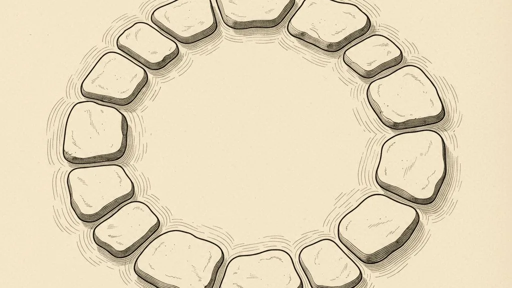 An engraving: a closed ring of plain stepping stones resting on still water, seen from above.