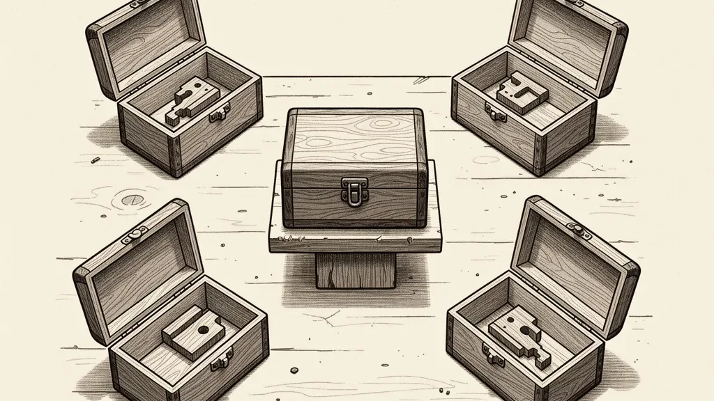 An engraving: a sealed wooden box on a small pedestal, surrounded by four opened copies of it on the bench, each showing one internal part missing.