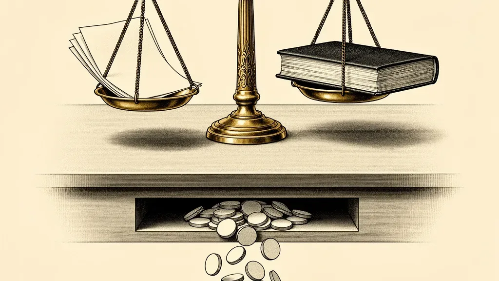 An engraving: a brass weighing scale on an ivory desk, one pan holding a single folded sheet and the other a thick closed ledger, with a pile of blank tokens falling through a slot into a tray below.
