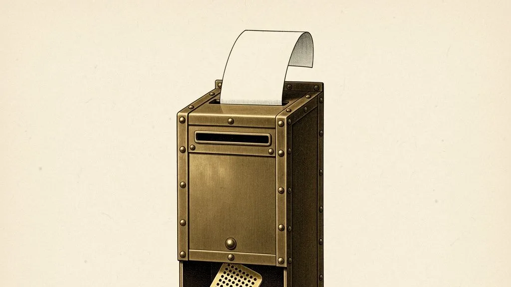 An engraving: a brass mailbox on a bench, a handwritten page going into its slot at the top and a punched brass card falling into the tray below.