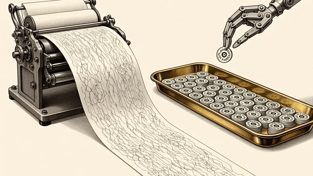 An engraving: two machines side by side on a workbench — a press unspooling a long ribbon of dense handwriting, and a shallow brass tray of identical stamped discs while a mechanical finger lifts one out.