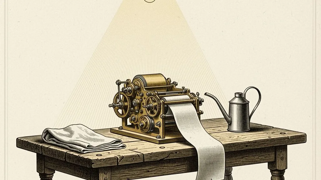 An engraving: a small brass engine mounted on a workbench under a single lamp, driven by a narrow strip of paper feeding into it.