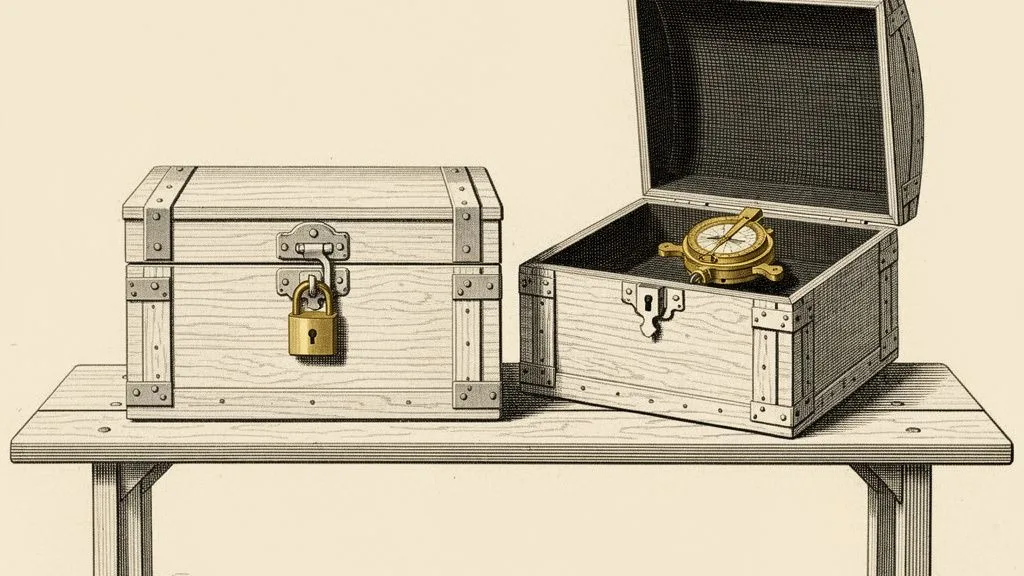An engraving: a cabinet with two drawers pulled open, the left one sealed behind a brass lock plate, the right one open and holding a single small brass instrument.