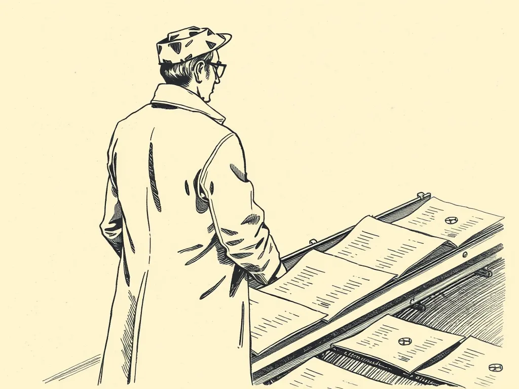 Engraving-style illustration: an inspector in a work coat beside a conveyor belt of paper forms, each sheet already stamped with a single mark.