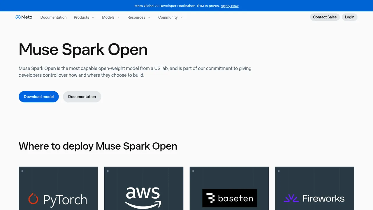 Meta's Muse Spark Open model page: the name, the one-line description and the deployment partners