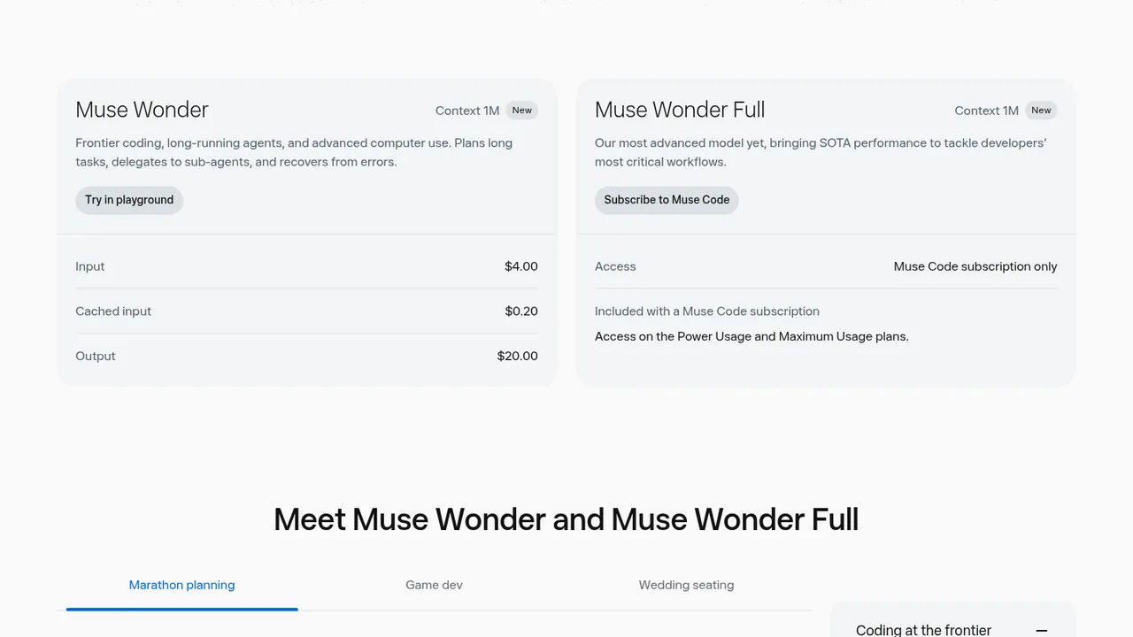 Screenshot of Meta's model page showing two cards: Muse Wonder with Context 1M and the prices $4.00 input, $0.20 cached input, $20.00 output, and beside it Muse Wonder Full marked 'Muse Code subscription only'.